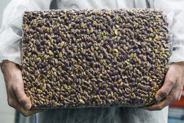 Hands holding commercial quantity vacuum package of raw pistachio