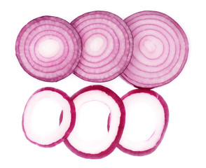 Sliced red onion rings isolated on white background. Top view