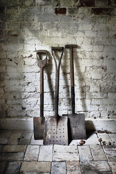 Three shovels by a brick wall