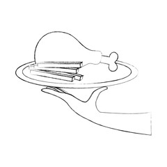 hand holding fast food roasted chicken and french fries menu restaurant vector illustration