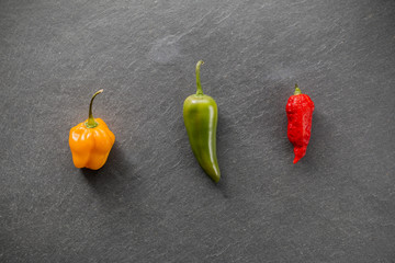 Jolokia, Chilischote, Jalapeno, Habanero auf Schieferplatte nebeneinander