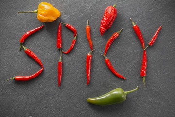 Spicy / Geschrieben mit Chilischoten mit Jolokia, Jalapeno und Habanero