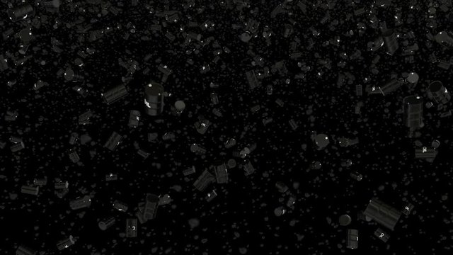 Animated rain of barrels of crude oil with droplets from low angle view against black background. mask included.