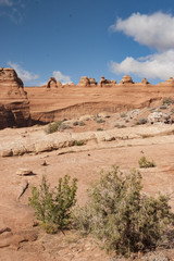 Fototapeta premium View of the iconic Delicate Arch in Moab Utah slick rock strata highlights the beauty of the American Southwest