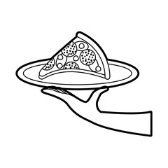 hand holding pizza with cheese pepperoni tasty fast food vector illustration