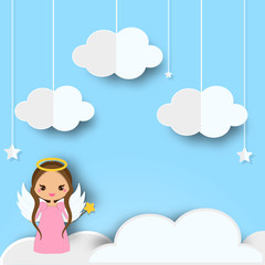 Cute angel standing on clouds in heaven. Background in paper cut, paper craft style
