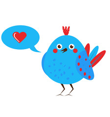Cute blue bird with speech bubble with like icon