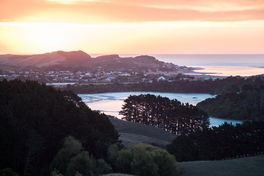 View of New Zealand coastal landscape in Raglan
