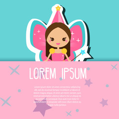 Greeting card with cute fairy. banner design template for kids events