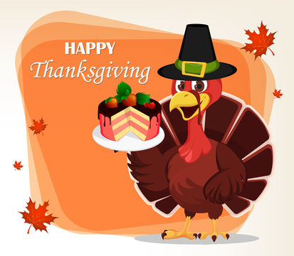 Thanksgiving greeting card with a turkey bird wearing a Pilgrim hat and holding a piece of cake.