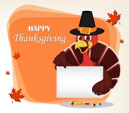 Thanksgiving greeting card with a turkey bird wearing a Pilgrim hat and holding blank placard.