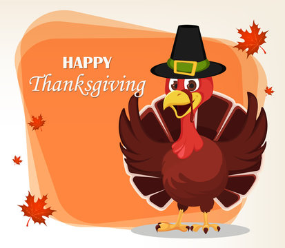 Thanksgiving greeting card with a turkey bird wearing a Pilgrim hat and waving its wings.