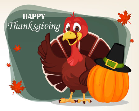 Thanksgiving greeting card with a turkey bird standing near pumpkin in a Pilgrim hat.