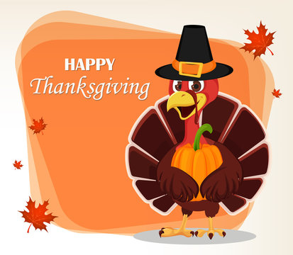 Thanksgiving greeting card with a turkey bird wearing a Pilgrim hat and holding pumpkin