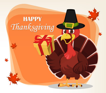 Thanksgiving greeting card with a turkey bird wearing a Pilgrim hat and holding a gift box.