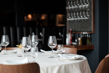 Wine glasses in the restaurant table