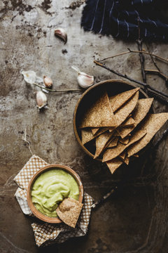 Homemade guacamole and nacho chips