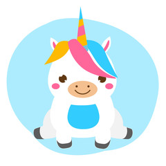 Cute unicorn sitting. Kawaii style. Cartoon magic animal character for kids, toddlers and babies fashion