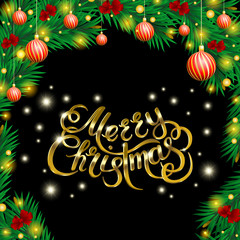 Golden text on black background. Merry Christmas and Happy New Year lettering.