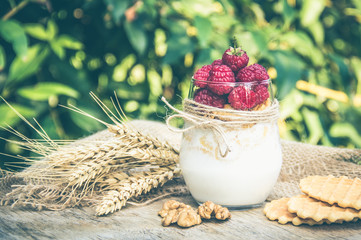 Useful breakfast. Flakes with yoghurt, raspberries and nuts.