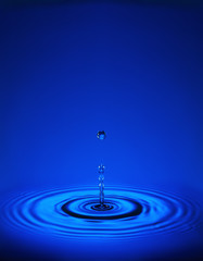 Droplet with ripples in blue liquid