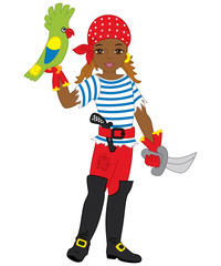 Vector African American Pirate Girl with Parrot and Sword