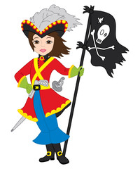 Vector Pirate Girl with Jolly Roger Flag