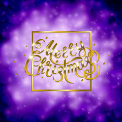 Golden text on purple background. Merry Christmas and Happy New Year lettering.