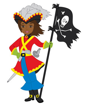 Vector African American Pirate Girl with Jolly Roger Flag