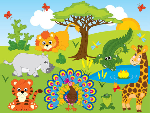 Vector Cartoon Safari Animals. Vector Jungle Animals