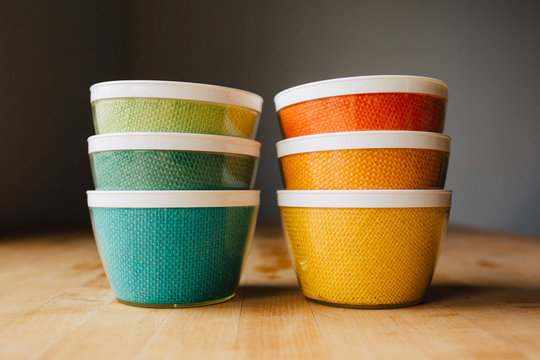Colorful burlap bowls