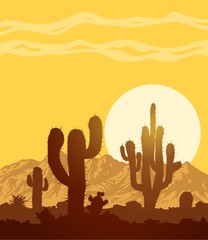 Sunset in stone desert with cacti and mountain range. Vector landscape illustration.