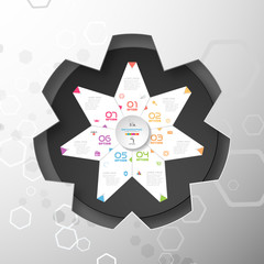 Vector infographic of white seven ray star with folded ends, dark gray round form placed to the star-shaped neckline with shadow, text and color icons on the gradient gray background with hexagons.