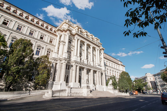 Low angle view of highest court Justizpalast building in downtown district at Vienna, Austria
