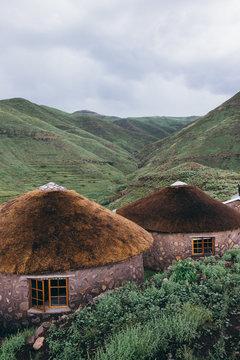 Rural Stone And Thatch Huts In Lesotho