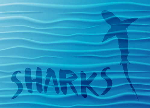 Shark silhouette in the deep sea. Blue water waves background with shark, sample text and copy-space. Vector Illustration.
