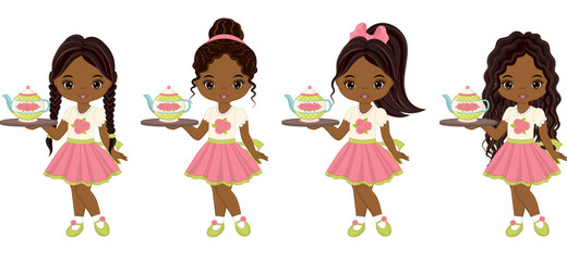 Vector Cute Little African American Girls with Tea Pot
