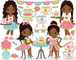 Vector Tea Party Set. Set Includes Little African American Girls, Cupcakes, Tea Pot and Cups