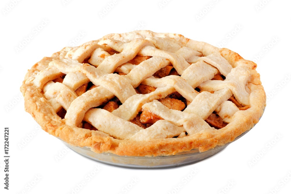 Poster homemade apple pie with lattice pastry isolated on a white background, side view