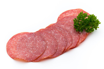 Salami slices isolated on white background.