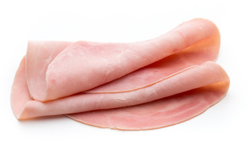 Sliced boiled ham sausage isolated on white background, top view.
