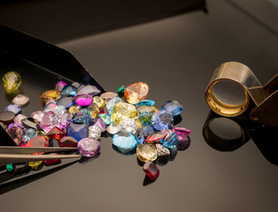 Jewel or gems on black shine color, Collection of many different natural gemstones amethyst, lapis...