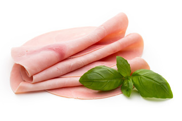 Sliced boiled ham sausage isolated on white background, top view.