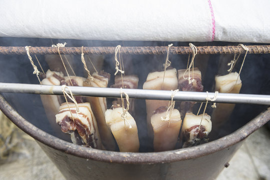 Smoked pork in process of preparation