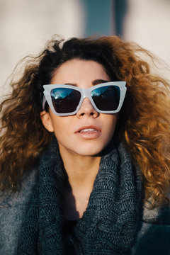 Closeup Portrait of Beautiful Woman With Fashionable Sunglasses