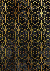 Watercolor marble background with geometric cube pattern. 