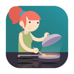 girl cooking food on Induction Cooktop with pan. a logo icon flat cartoon design