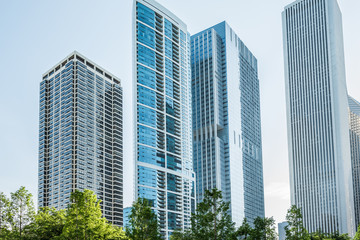 Downtown residential skyscrapers in Lake Shore East Park with green trees in Chicago