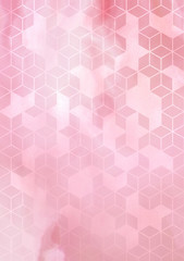 Watercolor marble background with geometric cube pattern. 