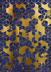 Watercolor marble background with geometric cube pattern. 